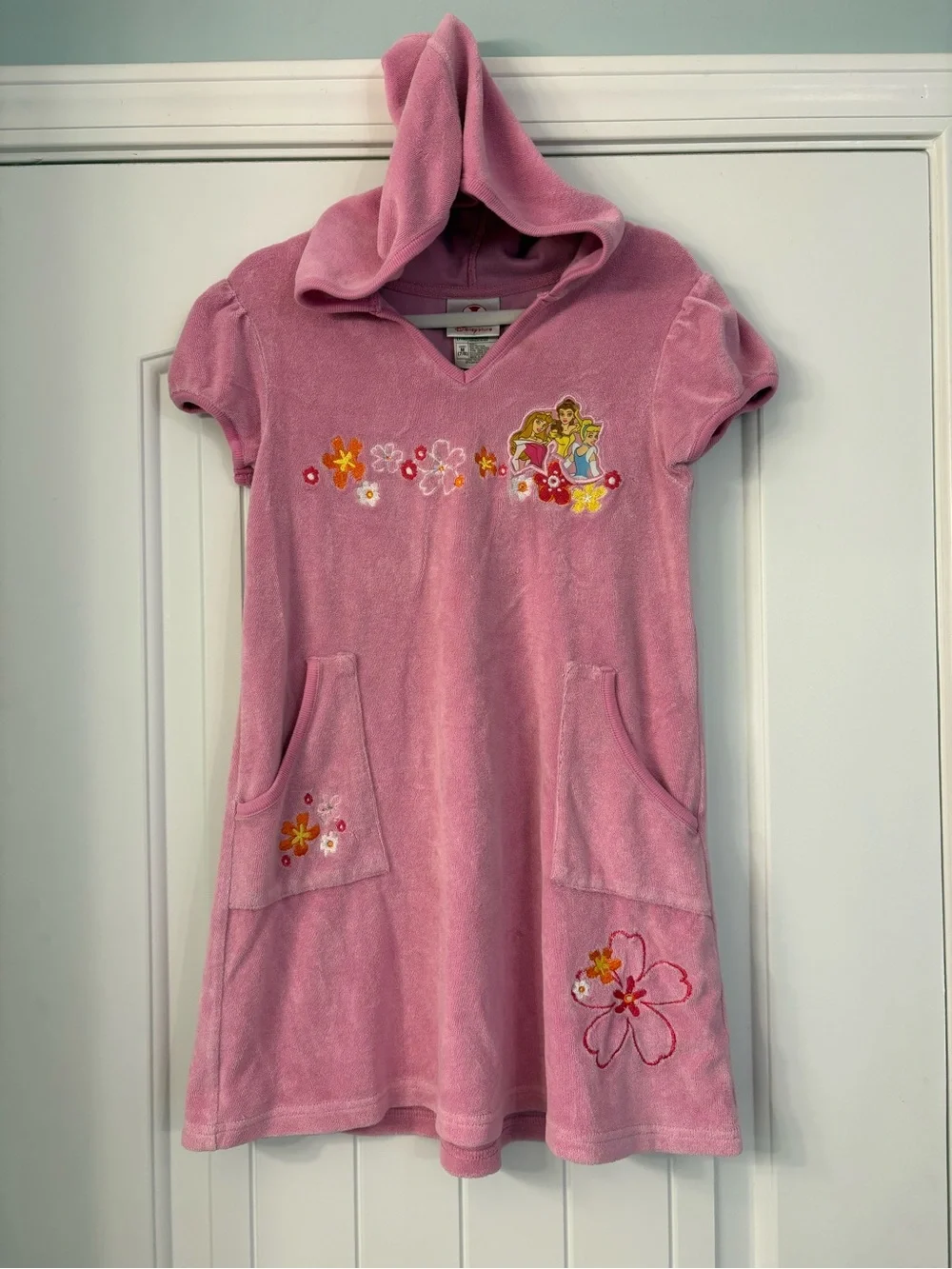 Vintage Disney Pink Hooded Terrycloth Coverup with Floral Embroidery